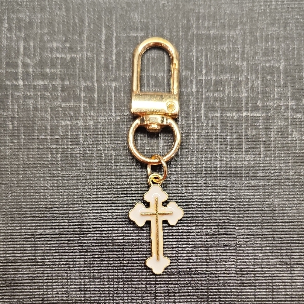 Cross Key Or Bag Charm, Gold and White Enamel